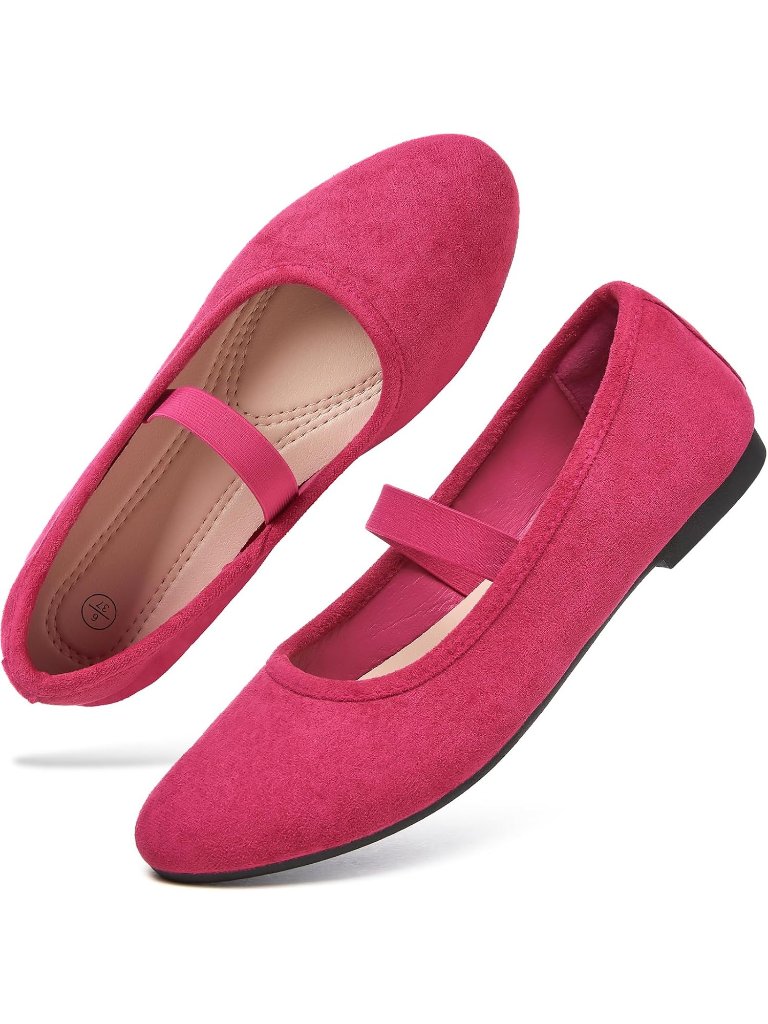 Women's Pink Red Faux Suede Memory Foam Comfortable Mary Jane Ballet Flats